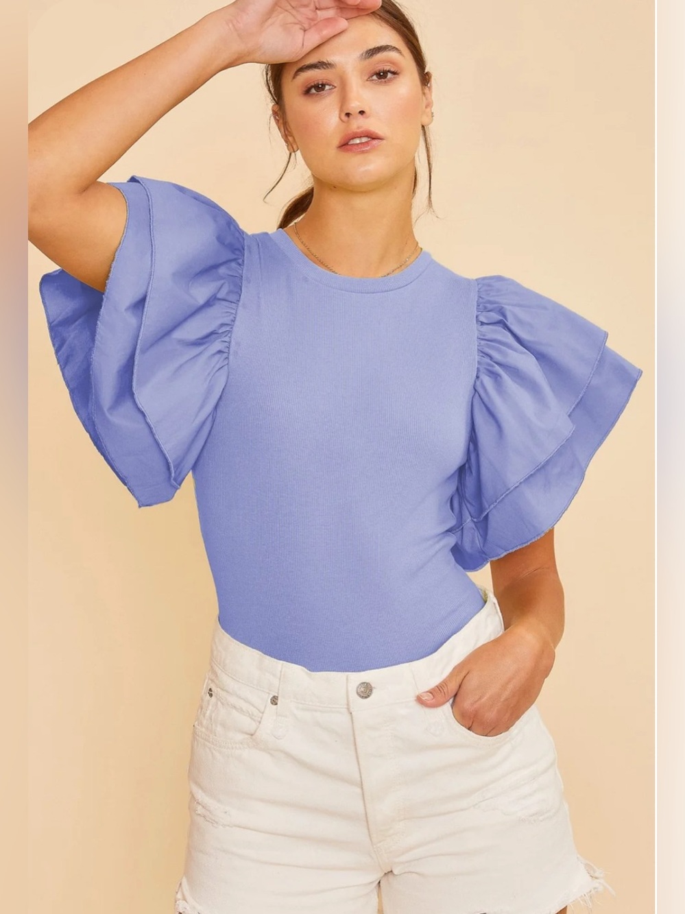 NWT Anniewear Ribbed Ruffled Sleeve Bodysuit in Periwinkle Sz S
